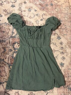 Trixxi Olive Green Puff-Sleeve Mini Dress